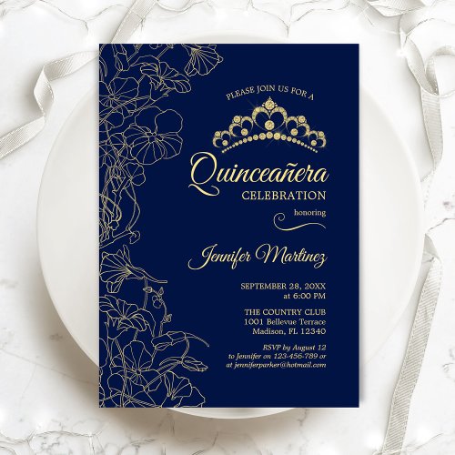 Navy Gold Floral Quinceanera Party Invitation
