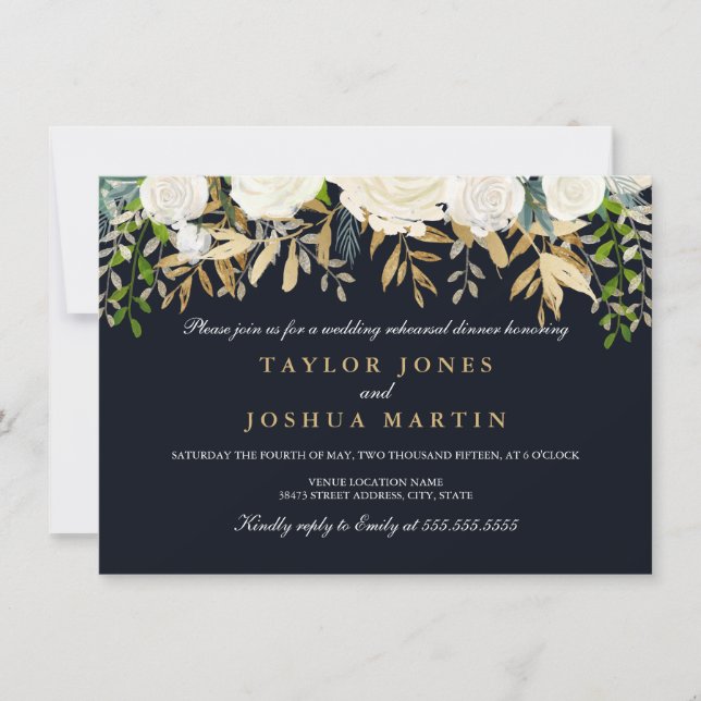 Navy Gold Floral Rehearsal Dinner Invite (Front)