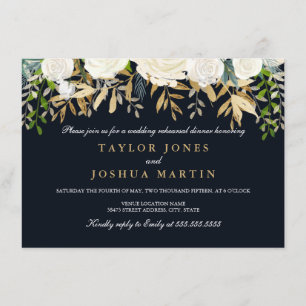 Navy Gold Floral Rehearsal Dinner Invite