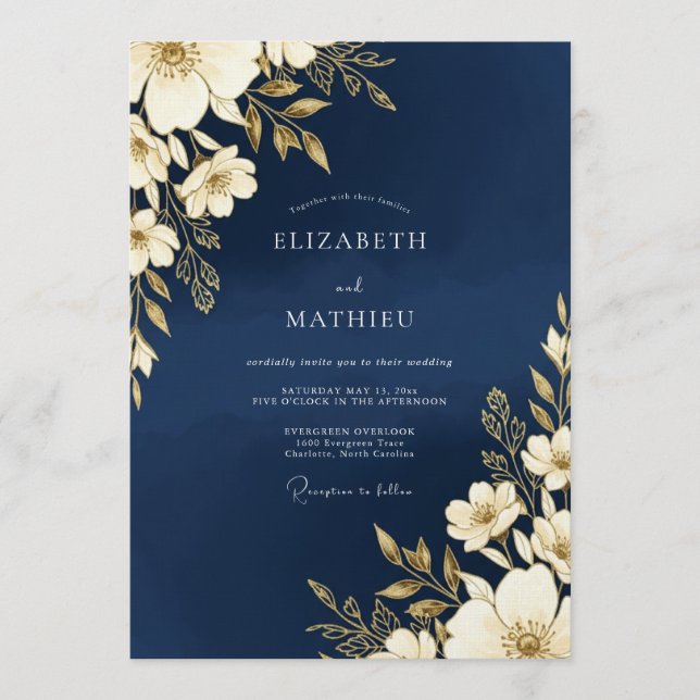 Navy Gold Floral Romance Wedding Invitation (Front)