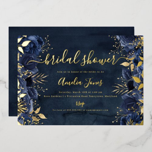 Navy Gold Floral Rose Bridal Shower Foil Invitation