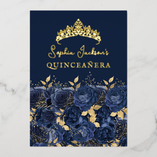 Navy Gold Floral Rose Quinceanera Foil Invitation
