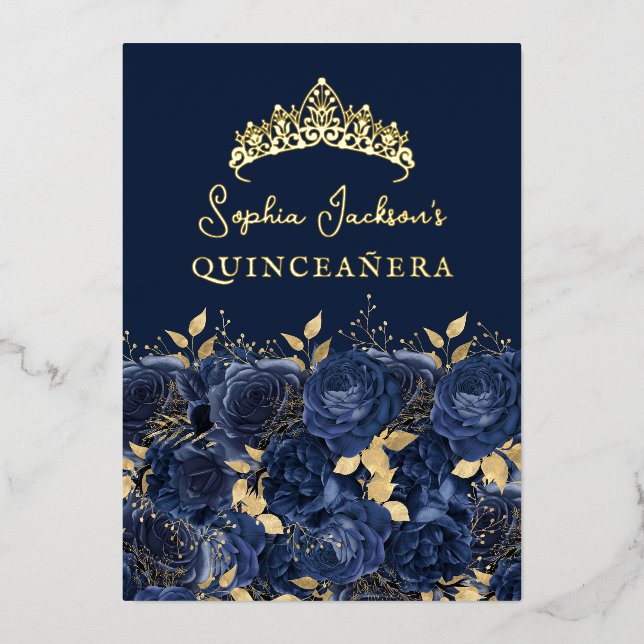 Navy Gold Floral Rose Quinceanera Foil Invitation (Front)