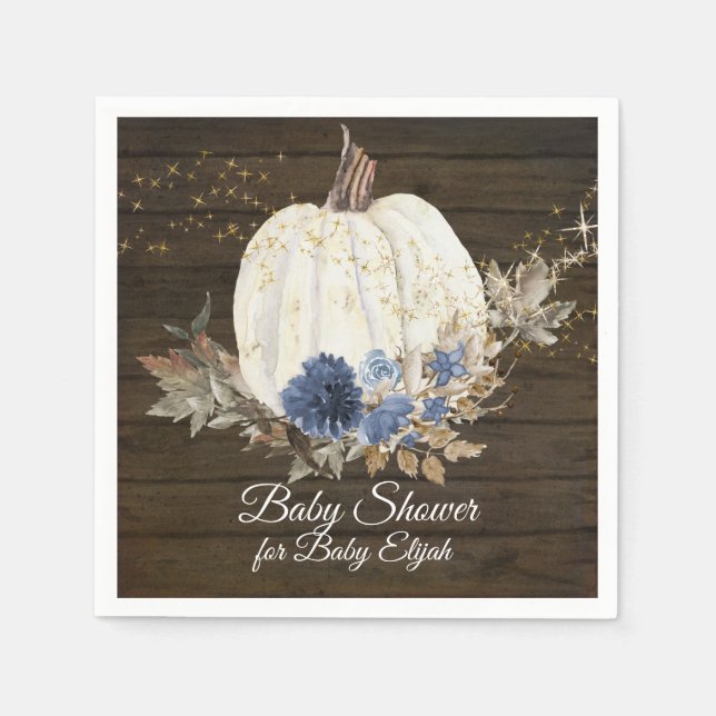 Navy Gold Floral Rustic Wood Pumpkin Baby Shower Napkins (Front)