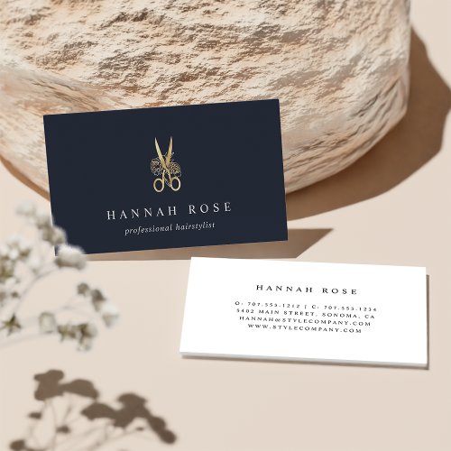 Navy  Gold Floral Scissors Logo Hairstylist Business Card