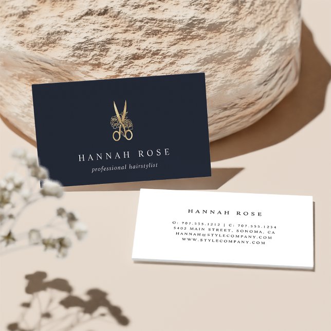 Navy & Gold Floral Scissors Logo Hairstylist Business Card (Creator Uploaded)