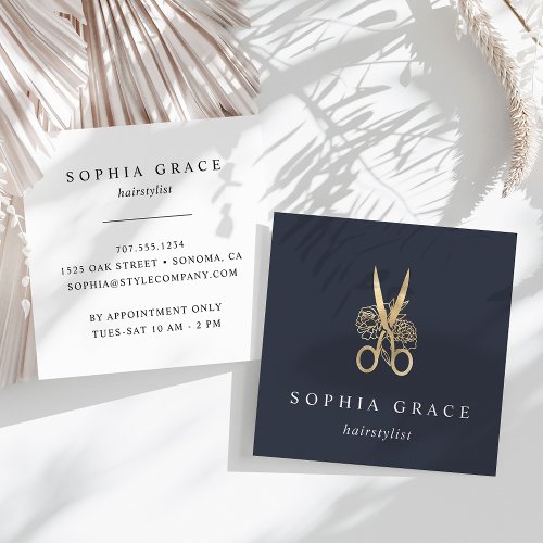 Navy  Gold Floral Scissors Logo Hairstylist Square Business Card