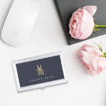 Navy Gold Floral Scissors Personalized Hairstylist Business Card Case<br><div class="desc">Elegant business card holder for hairstylists or salon owners features your name and/or business name in classic white lettering on a navy blue background adorned with a pair of floral-embellished scissors in faux gold foil. Makes a beautiful personalized gift for a hairstylist or cosmetology school graduate.</div>