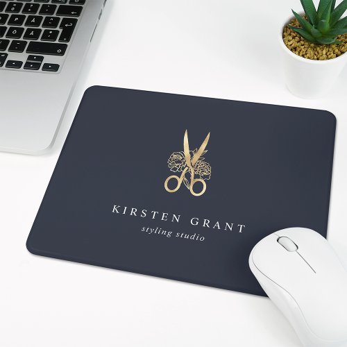 Navy  Gold Floral Scissors Salon Logo Mouse Pad