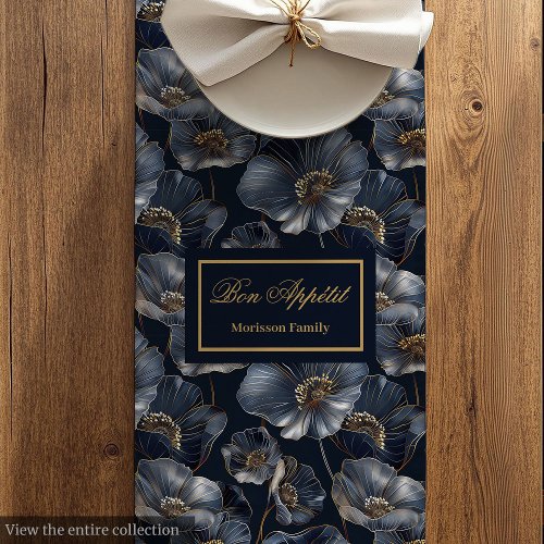 Navy Gold Floral Table Runner Elegant Monogram