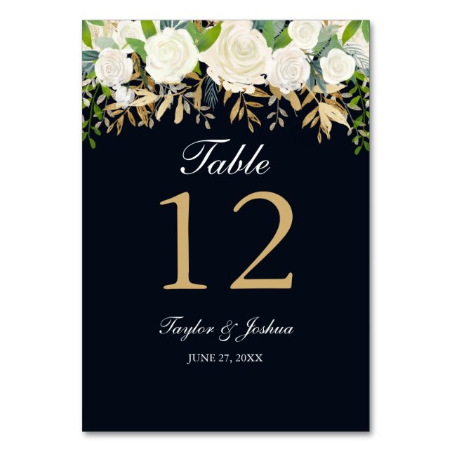 Navy Gold Floral Watercolor Wedding Table Cards (Front)