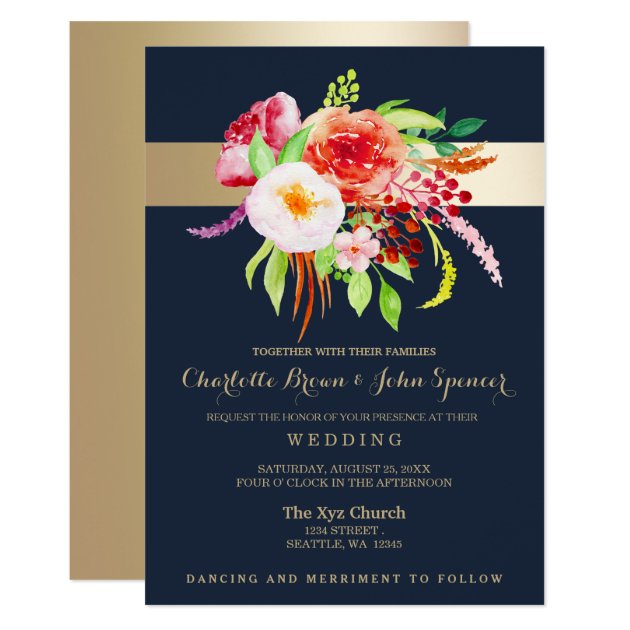 Navy Gold Floral Wedding Invitation
