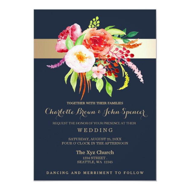 Navy Gold Floral Wedding Invitation