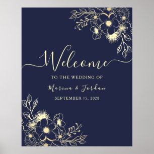 Navy Gold Floral Wedding Welcome Poster