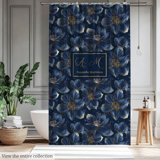 Navy Gold Flowers Shower Curtain Lux Minimalist (Navy Gold Flowers Shower Curtain Lux Minimalist Style)