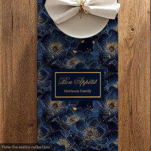 Navy Gold Flowers Table Runner Lux Monogram Design