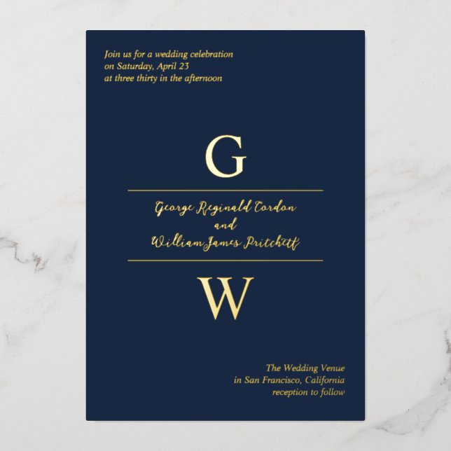 Navy & Gold Foil Initials Informal Wedding Foil Invitation (Front)