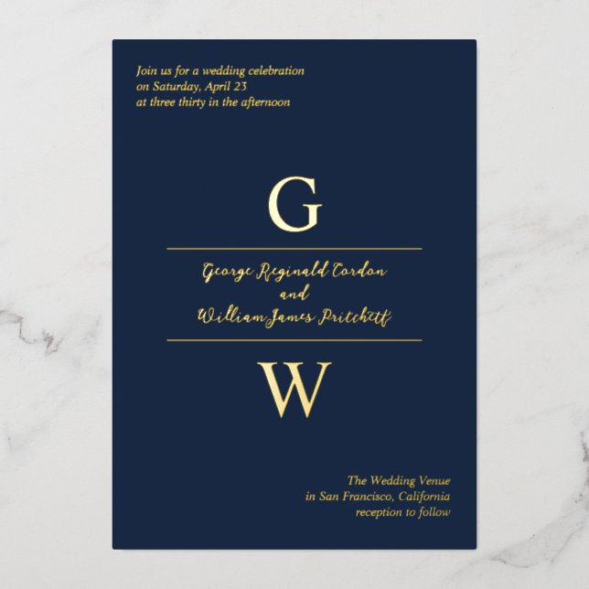 Navy & Gold Foil Initials Informal Wedding Invitation (Front)
