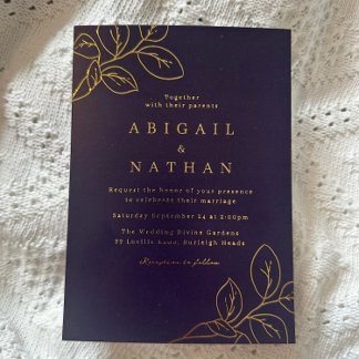 Navy & Gold Foil Leaves Wedding Golden Invitation
