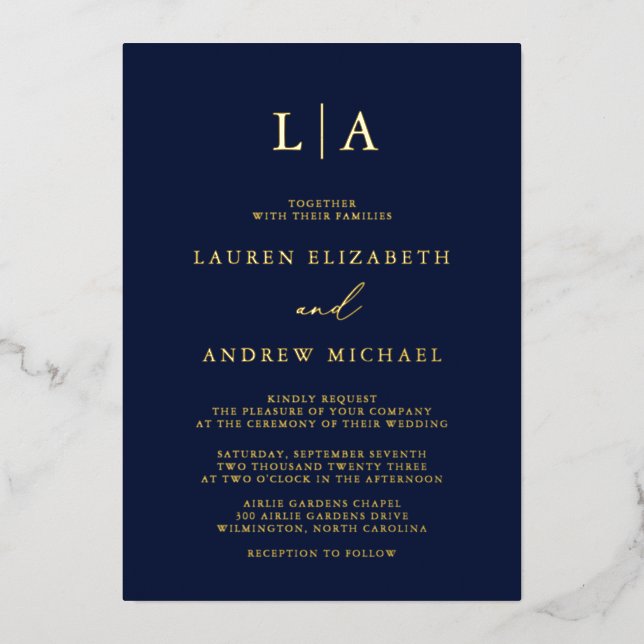 Navy Gold Foil Monogram Initial Minimalist Wedding Foil Invitation (Front)