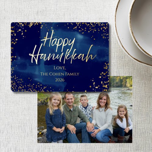 Navy Gold Foil Photo Hanukkah card