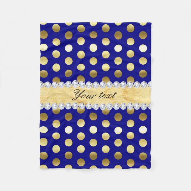 Navy Gold Foil Polka Dots Diamonds Fleece Blanket (Front)