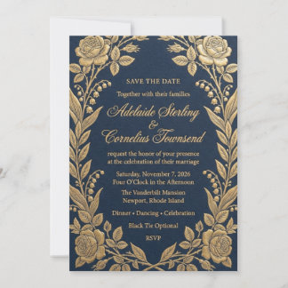 Navy & Gold Foil Rose Wedding Invitation