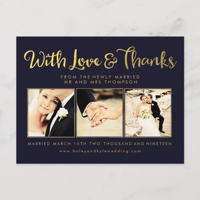 Navy Gold Foil Thank You Script Typography Photo Postcard (Front)