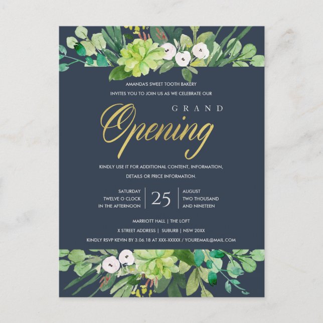 NAVY GOLD FOLIAGE FRAME GRAND OPENING CEREMONY POSTCARD (Front)