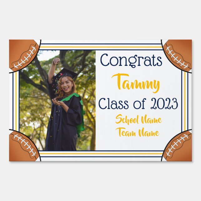 Navy & Gold Football One Photo Graduation Sign (Front)