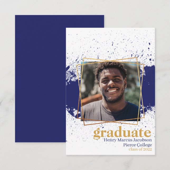 Navy & Gold Funky Splat Graduation Announcement (Front/Back)