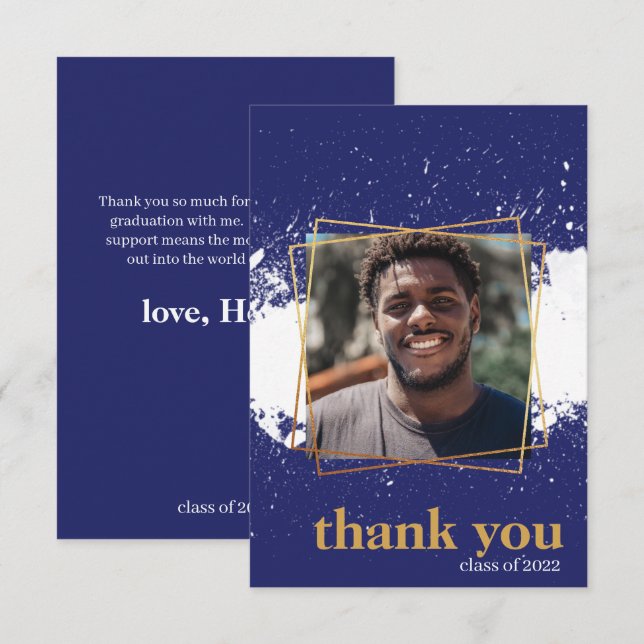 Navy & Gold Funky Splat Graduation Thank You Card (Front/Back)