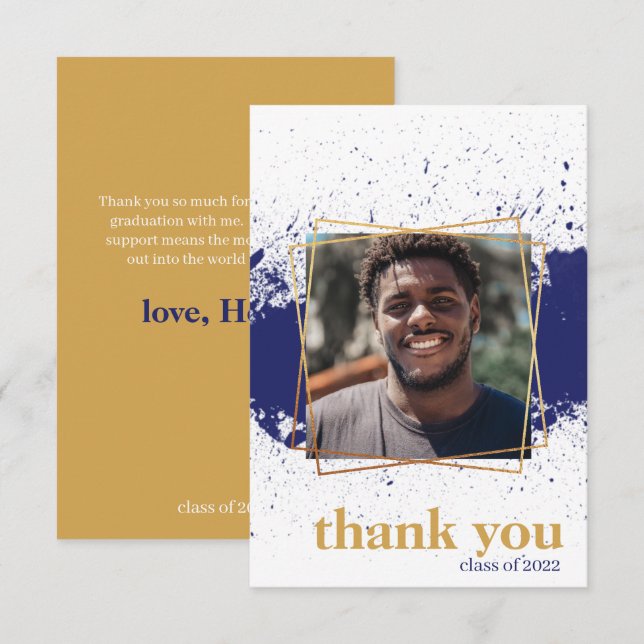 Navy & Gold Funky Splat Graduation Thank You Card (Front/Back)