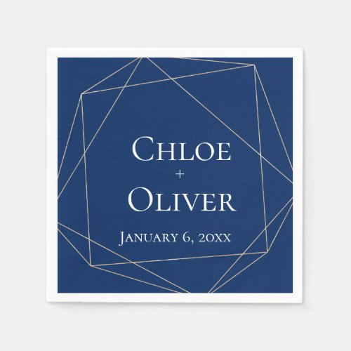 Navy Gold Geometric Personalized Wedding Napkins