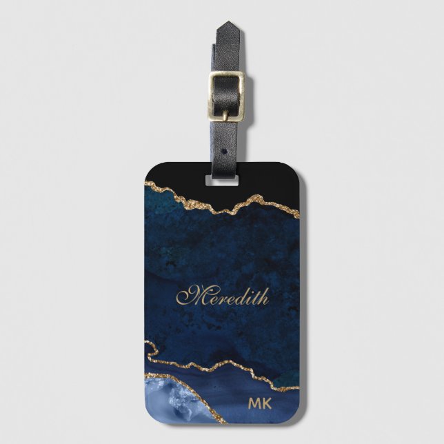 Navy Gold Glitter Agate Personalized Luggage Tag (Front Vertical)