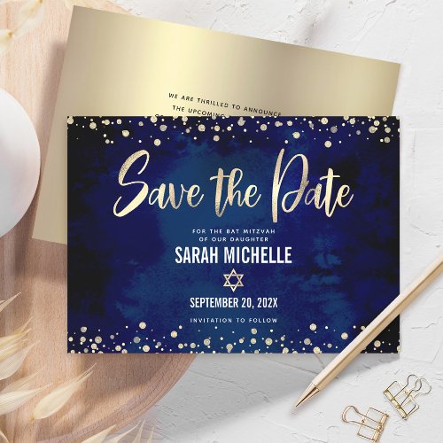 Navy Gold Glitter Bat Mitzvah Script Modern Bold Save The Date