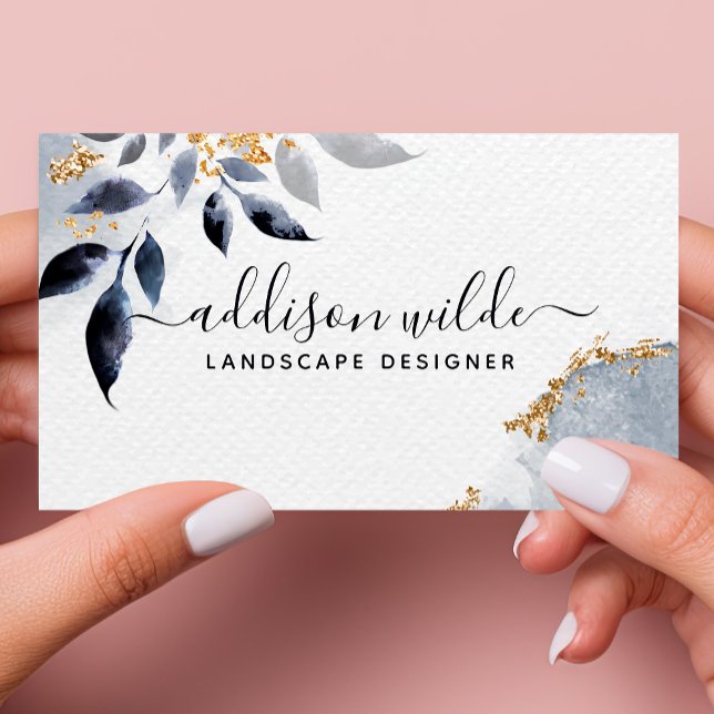 Navy Gold Glitter Botanical Leaves Modern Foliage Business Card (Creator Uploaded)