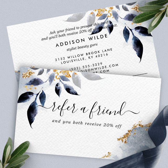 Navy Gold Glitter Botanical Leaves Modern Referral Card (Creator Uploaded)