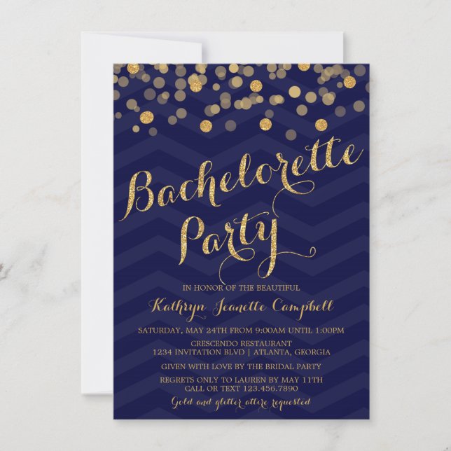 Navy Gold Glitter Confetti Bachelorette Party Invitation (Front)