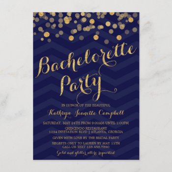 Navy Gold Glitter Confetti Bachelorette Party Invitation by InvitationBlvd at Zazzle