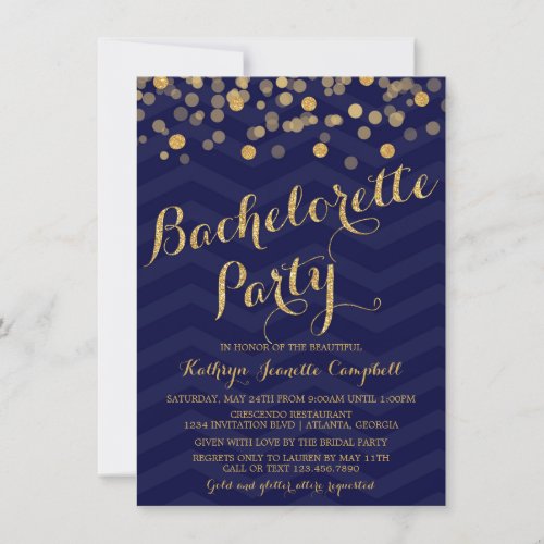 Navy Gold Glitter Confetti Bachelorette Party Invitation