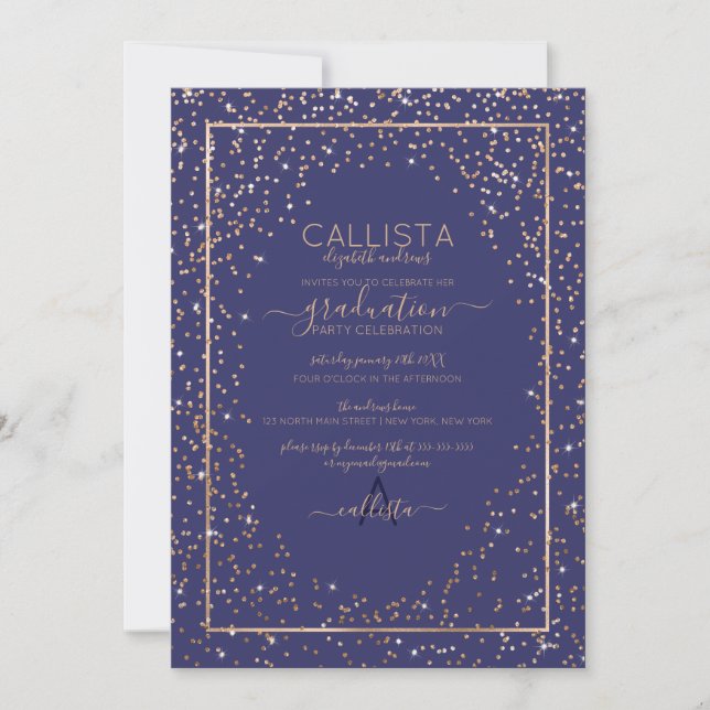 Navy Gold Glitter Confetti Border Graduation Invitation (Front)
