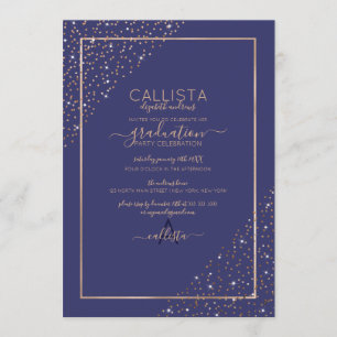 Navy Gold Glitter Confetti Corners Graduation Invitation