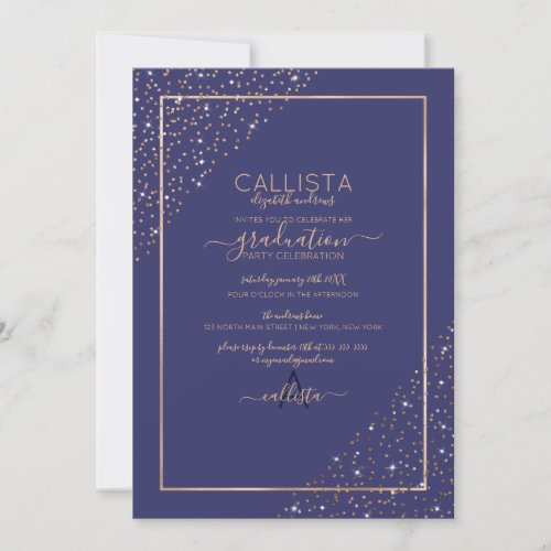 Navy Gold Glitter Confetti Corners Graduation Invitation