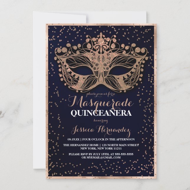 Navy Gold Glitter Confetti Masquerade Quinceañera Invitation (Front)