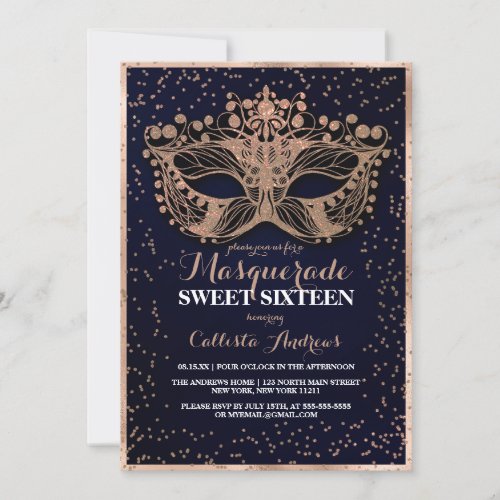 Navy Gold Glitter Confetti Masquerade Sweet 16 Invitation