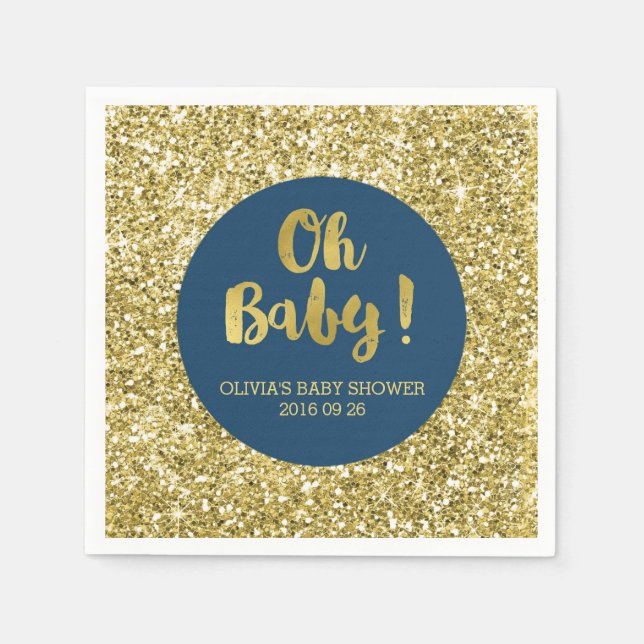 Navy Gold Glitter Confetti Oh Baby Baby Shower Paper Napkins (Front)