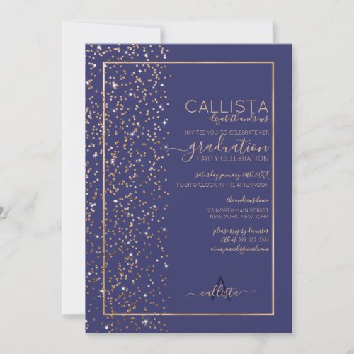 Navy Gold Glitter Confetti Side Graduation Invitation