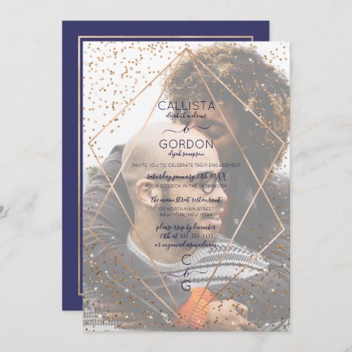 Navy Gold Glitter Confetti Terrarium Engagement Invitation