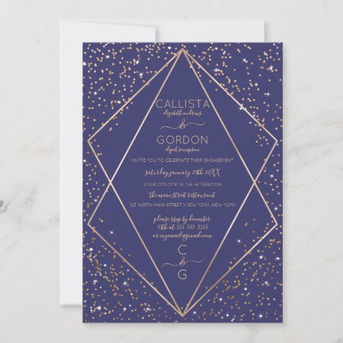 Navy Gold Glitter Confetti Terrarium Engagement Invitation